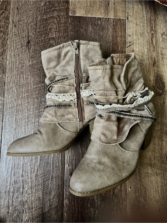 MICHI Shoes - MICHI Taupe Suede Mid-Calf Heeled Ankle Boots with Decorative Straps